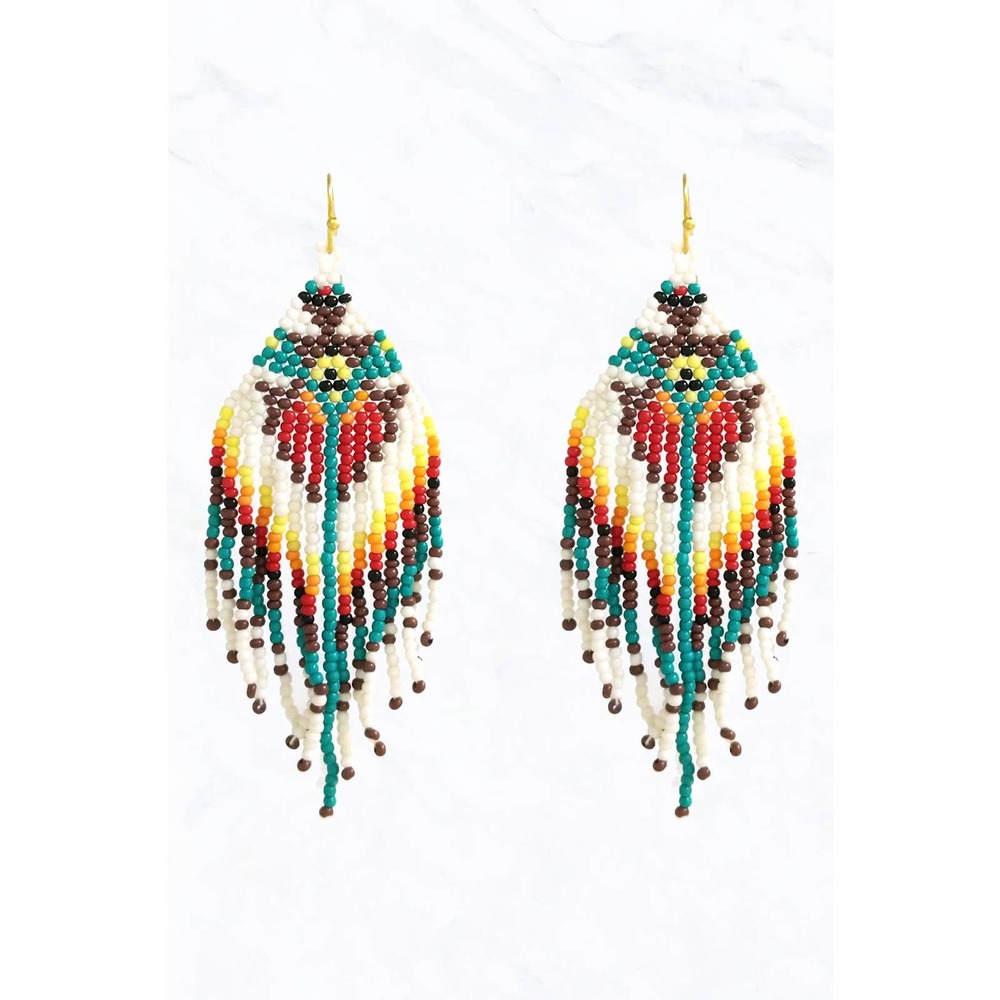 Multicolor Patterned Seed Bead Fringe Tassel Earrings
